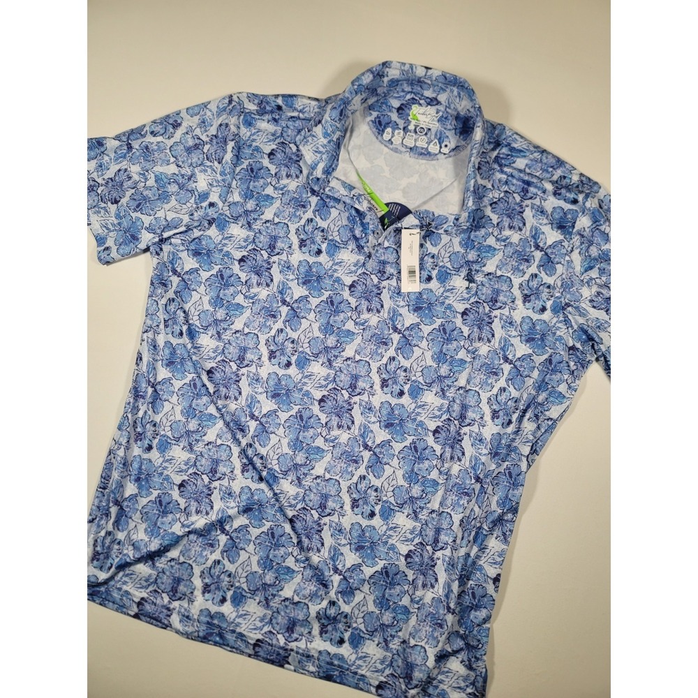 NWT Tailor Byrd Men's XXL Blue Floral Polo Shirt Stretch Golf Casual Hawaiian